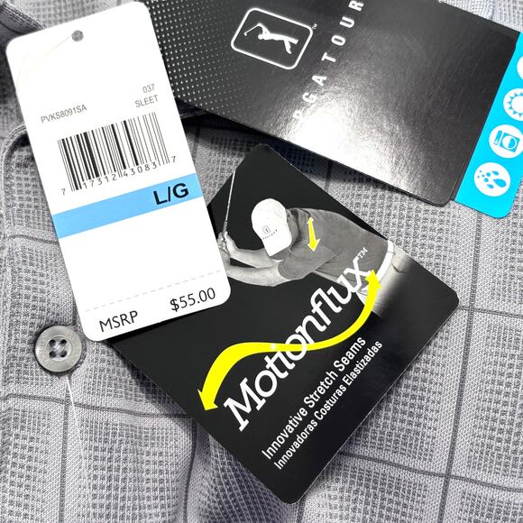 PGA Tour Men's NWT Large Gray Windowpane Plaid Golf Polo Shirt Motion Flex - Picture 4 of 8